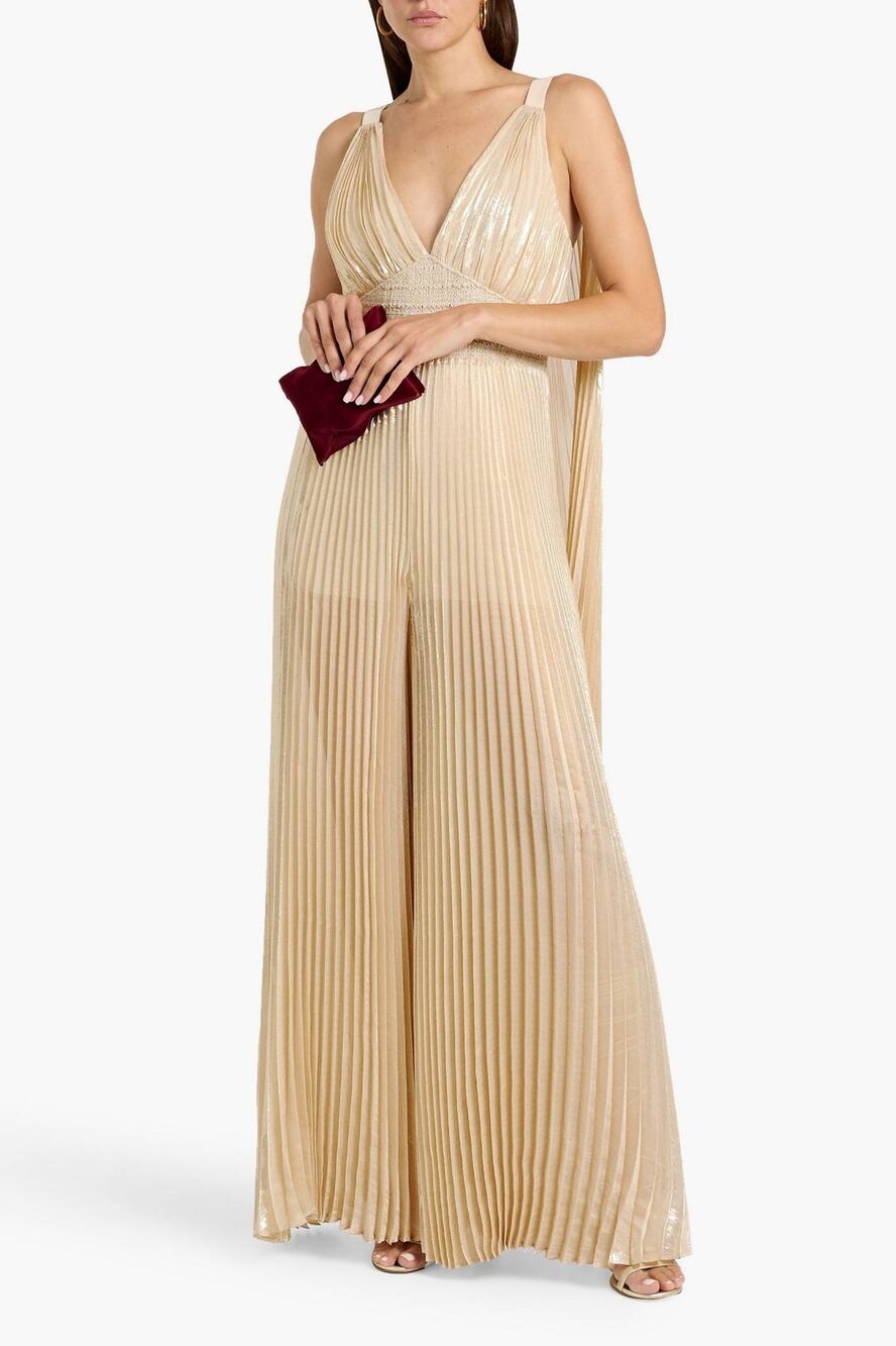 Alice + Olivia Rosalie Wide leg silk blend pleated gold jumpsuit size 0